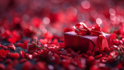 Soft red backdrop holds tender hearts and a thoughtful gift with an elegant bow