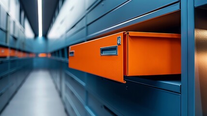 Open orange file drawer among closed blue cabinets