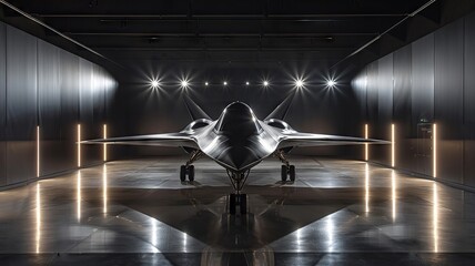 Stealth jet on display in a sleekly designed aircraft hangar