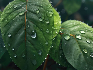 Nature's Elegance, Close-up of Eco-Friendly Green Leaves Adorned with Morning Dew or Raindrops, Symbolizing Renewal and Environmental Harmony