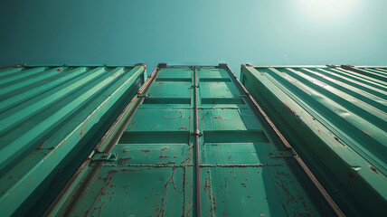 green cargo container hoisted against a clear sky, awaiting its journey at the port