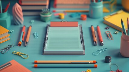 Creative desk arrangement with notepad and colorful clips