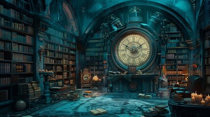 Mystical Librarian Cataloging Lost Time in Ancient Library. - obrazy, fototapety, plakaty