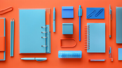 Stationery set on orange background with blue accents