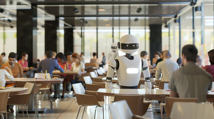 Service robot interacting with office workers in a contemporary corporate cafeteria setting