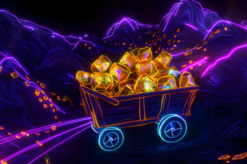 Haunted mining cart with glowing gold nuggets isotated on black background.