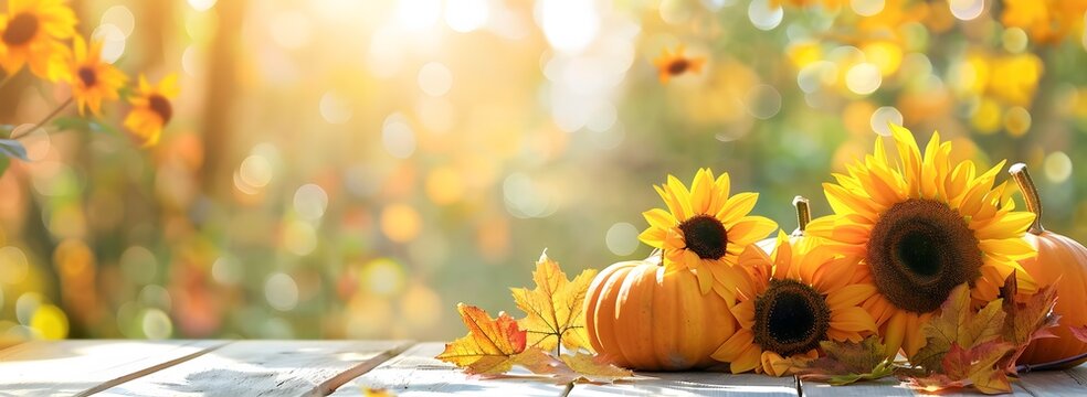 a pumpkin and sunflowers on a table