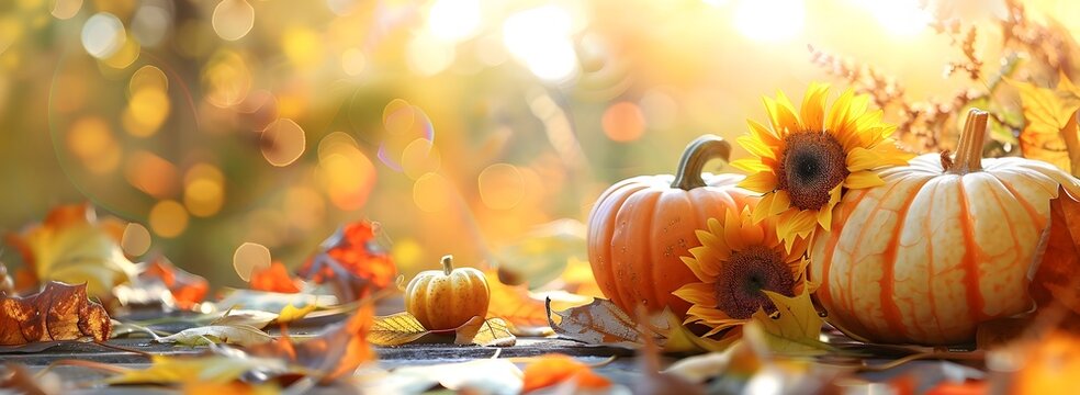 a pumpkins and sunflowers on a table