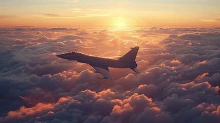 Sunlit fighter plane in flight above a sea of clouds - obrazy, fototapety, plakaty