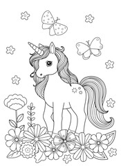 Kids coloring book with unicorn and flowers. Cartoon animal in nature. Simple childish vector illustration.