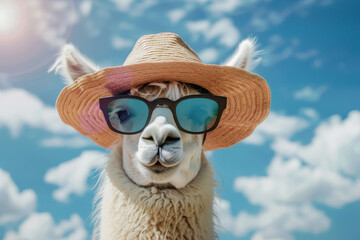 Obraz premium Accessorized llama wearing straw hat and sunglasses.