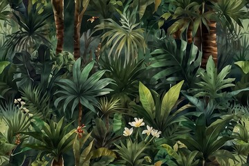 Fototapeta premium Beauty of nature. Watercolor pattern wallpaper. Painting of a jungle landscape in retro style.