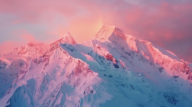 The rugged beauty of an ice mountain range captured in the soft light of dawn, its peaks bathed in hues of pink and orange as the sun rises above the horizon.