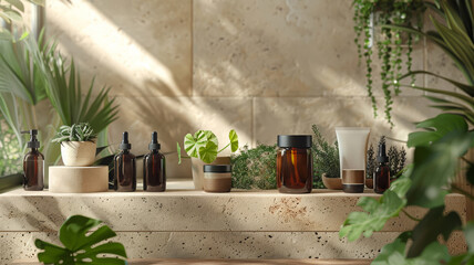 Earthy tones in skincare display featuring natural ingredients