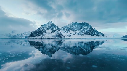 The stark beauty of an ice mountain reflected in the still waters of a frozen lake, its jagged peaks mirrored perfectly in the glassy surface as the world holds its breath in awe.