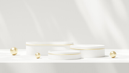 Fototapeta na wymiar Premium white gold color 3d rendering mockup template of round podium in landscape