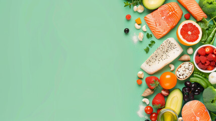 A meticulously organized assortment of protein-rich and nutritious foods displayed on a soothing mint green background