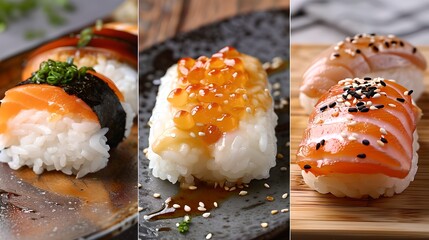 Three Different Sushi Delicacies, Artfully Presented. Culinary Art in Japanese Cuisine, Perfect for Menu Illustrations. Food Photography Style, High-Quality Stock Image. AI