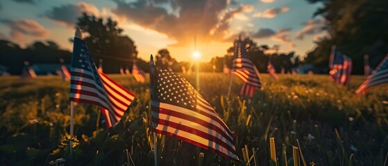 Sunset Salute: Field of Honor for Veterans. Concept Salute to Service, Honor in Sunset, Field of Heroes, Veteran Recognition, Sunset Tribute - obrazy, fototapety, plakaty