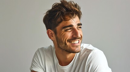 Joyful young man laughing in casual style. Contemporary portrait, ideal for advertising and modern lifestyle concepts. Studio shot with clean background. AI