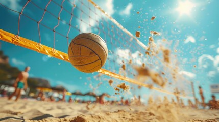 A beach volleyball mid-air, moments before being spiked over the net, with the beach and spectators in a soft focus, emphasizing the energetic peak of beach volleybal