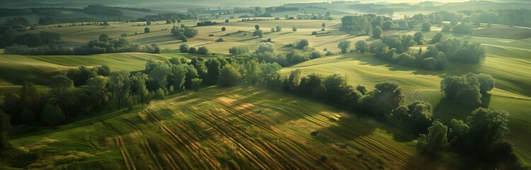 beautiful arial view of agricultural rural green landscape at the sunrise - obrazy, fototapety, plakaty