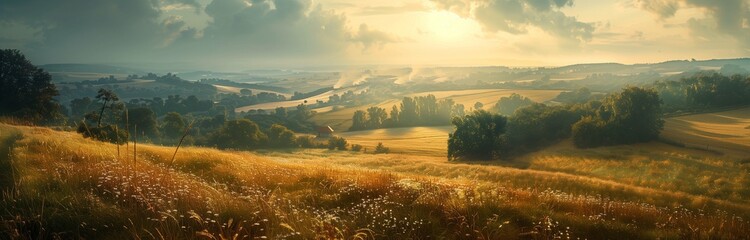 panoramic view of fields and hills rural scenery at sunrise  - obrazy, fototapety, plakaty