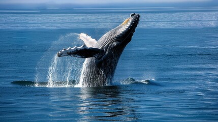 Photo of a whale jumping out of the water in the middle of the ocean in an iceberg zone. The background image gives a feeling of grandeur.