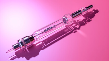 A syringe with a vaccine against diseases on a pink background.