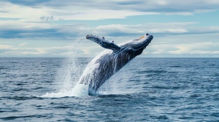 Fototapeta premium Photo of a whale jumping out of the water in the middle of the ocean in an iceberg zone. The background image gives a feeling of grandeur.