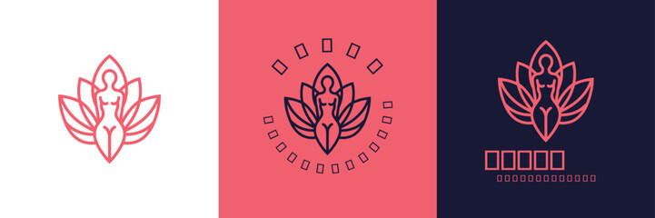 Silhouette Beautiful Woman in Lotus Flower Line Art for yoga Spa Cosmetic Beauty Body Skin Care Health meditation logo design vector illustration