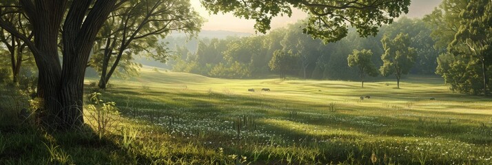 Dawn's Tender Glow: A Serene Landscape of Fresh Spring Grass Under the Soft Morning Light - obrazy, fototapety, plakaty