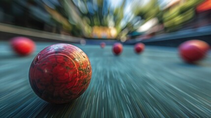 A bocce ball making the critical hit, with the other balls and the pallino in a strategic blur in the background, capturing the tension and finesse of bocce