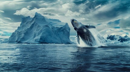 Photo of a whale jumping out of the water in the middle of the ocean in an iceberg zone. The background image gives a feeling of grandeur.