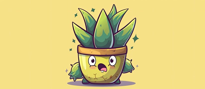 A cartoon illustration of a cactus in a flowerpot with a surprised expression. The terrestrial plant is in a rectangular pot, with liquid coming out of its fruitshaped organism