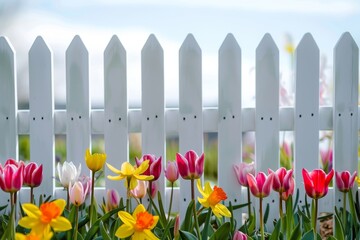 The Quintessential Spring Garden: Lush Tulips and Daffodils Framed by a Classic White Fence - Powered by Adobe
