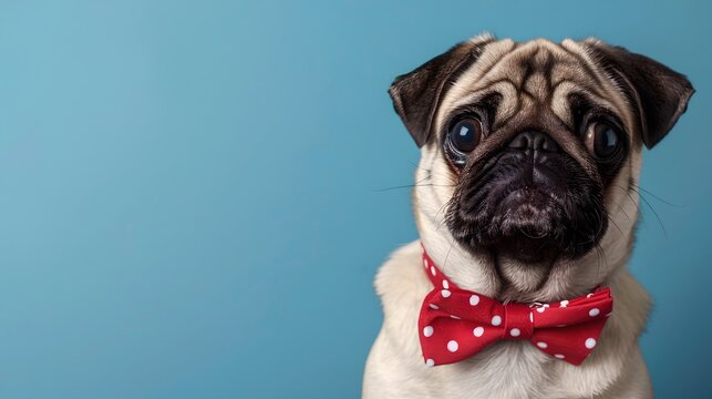 Charming Pug in Polka Dot Bow Tie Captures Hearts. Perfect for Greetings and Pet Marketing. Simple, Cute Style. AI