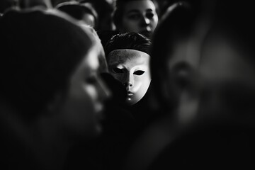 Person wearing a mask in a crowd, exploring the theme of deception and hidden identities. - obrazy, fototapety, plakaty