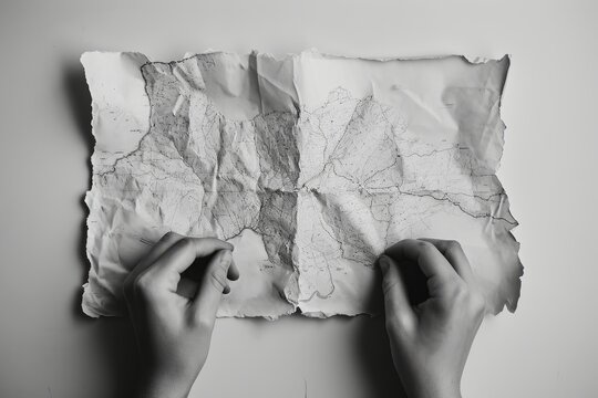 Two hands pulling apart a delicate paper map, symbolizing the separation and divergence of paths. The image is rendered in black and white, emphasizing the emotional weight of the metaphor.