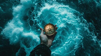 Person hand holding a compass in a stormy sea, emphasizing the significance of maintaining direction and staying on course to avoid getting lost in turbulent situations. Colors: Dramatic stormy blues.