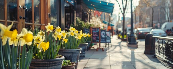 Urban Spring Oasis: Yellow Daffodils in Planters Outside a Busy City Café