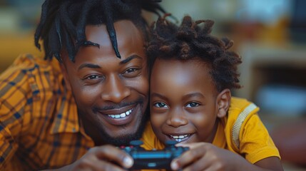 Man and Child Playing Video Game - obrazy, fototapety, plakaty