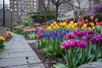 Floral Facelift: The Stunning Transformation of a Municipal Building's Garden with Bright Hyacinths and Tulips