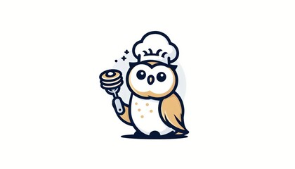 Owl chef with honey dipper, cartoon-style vector illustration.