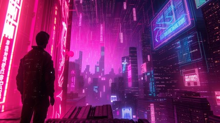 A cyberpunk masterpiece featuring neon-lit cityscapes and a hacker silhouette merging seamlessly with lines of code, creating an electrifying atmosphere.