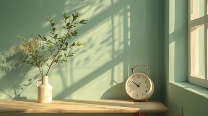 Silent Passage of Time - Pastel Olive Setting with Minimalist Clock Shadow. - obrazy, fototapety, plakaty