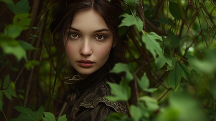 A dark-haired beauty with olive skin and brown eyes is framed by the dense foliage of the Black Forest. Her traditional German attire blends seamlessly with the earthy tones of the forest.
