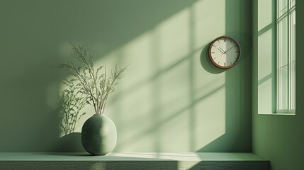 Silent Passage of Time - Pastel Olive Setting with Minimalist Clock Shadow. - obrazy, fototapety, plakaty