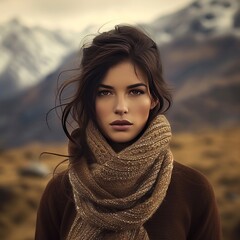 A dark-haired beauty with olive skin and brown eyes stands against the rugged backdrop of the Tatra Mountains. Dressed in earthy tones, she harmonizes with the natural landscape.
