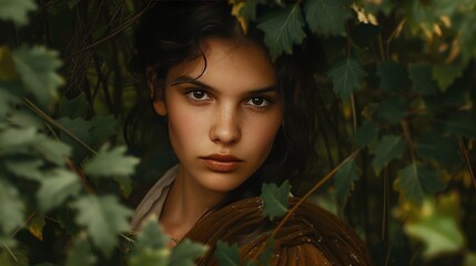 A dark-haired beauty with olive skin and brown eyes is framed by the dense foliage of the Black Forest. Her traditional German attire blends seamlessly with the earthy tones of the forest. - obrazy, fototapety, plakaty